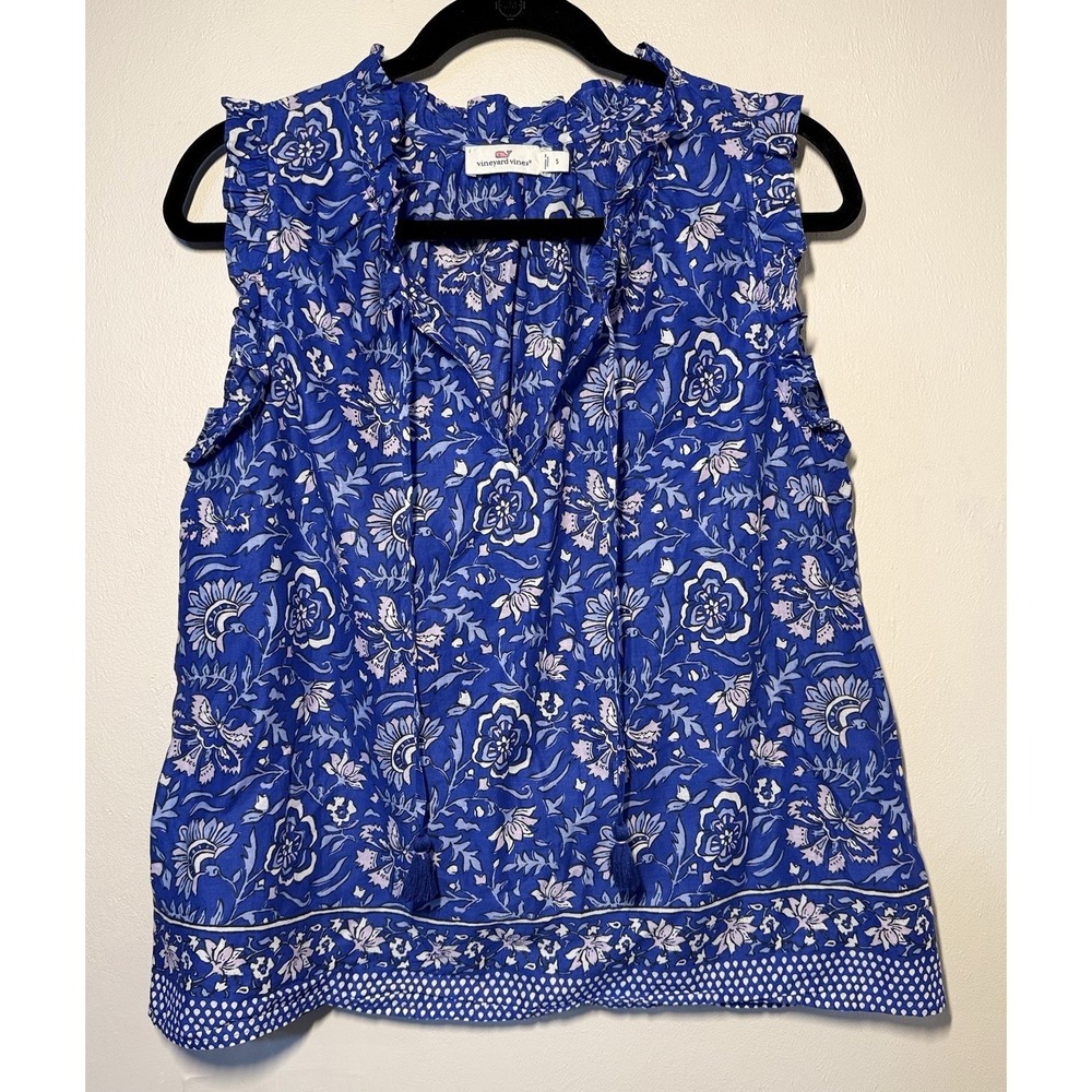Vineyard Vines Flutter Sleeve Blouse Women's Size S Blue Floral V Neck Tassels